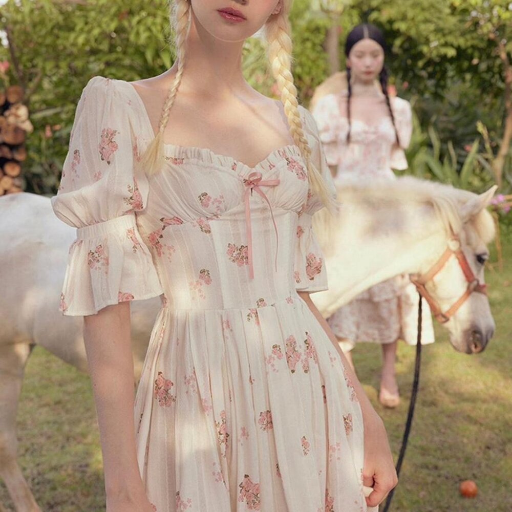 Cream Floral Puff-Sleeve Midi Dress with Bow
